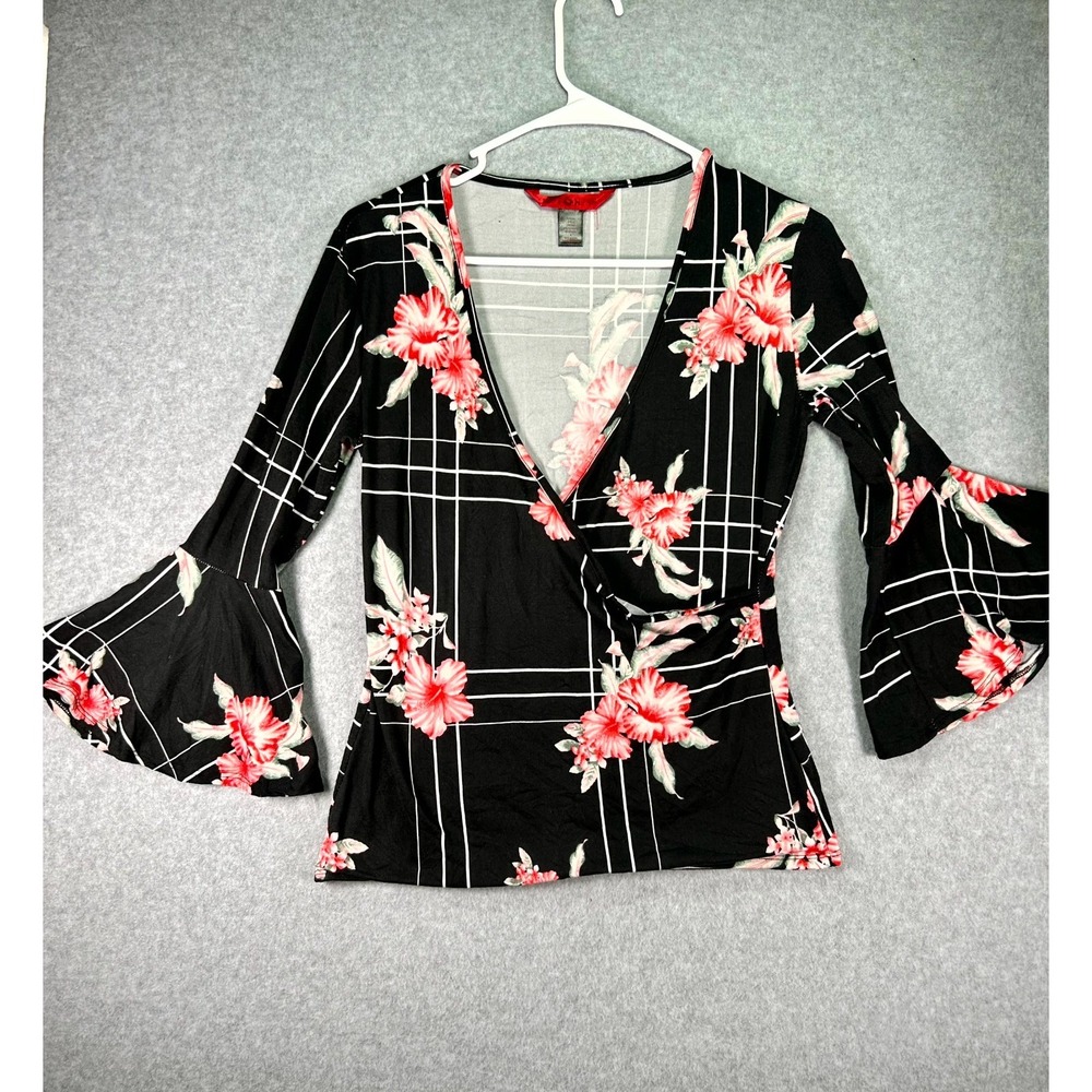 Hot Kiss Surplice Wrap Top Womens Medium Black Floral Stretch Party Bell Sleeve
